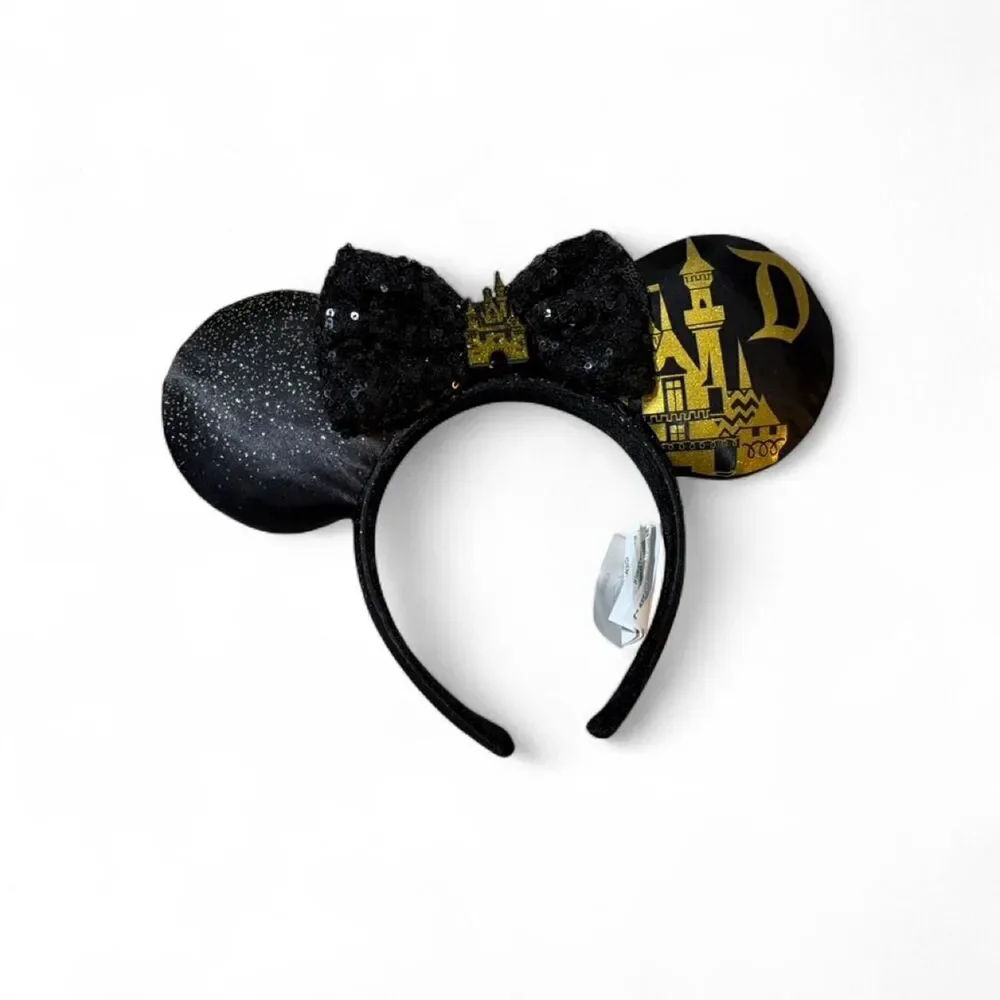 Disney Parks Disneyland Minnie Mouse ears with black glitter and gold castle